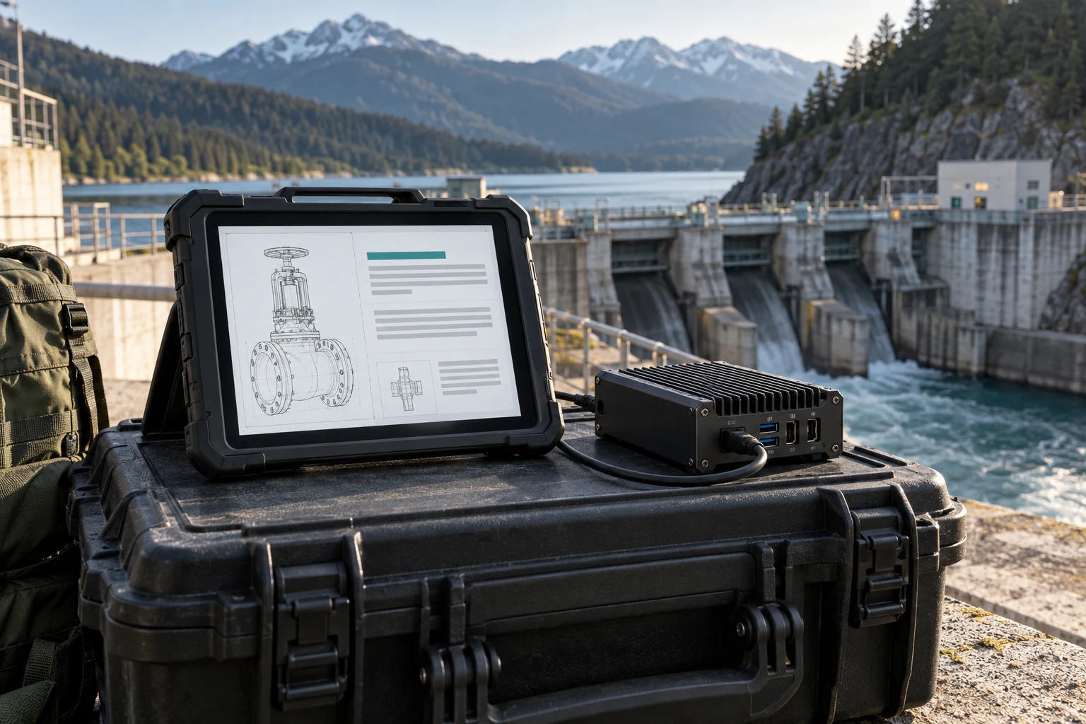 Rugged tablet and compact local computer connected on an equipment case near a hydroelectric installation.
